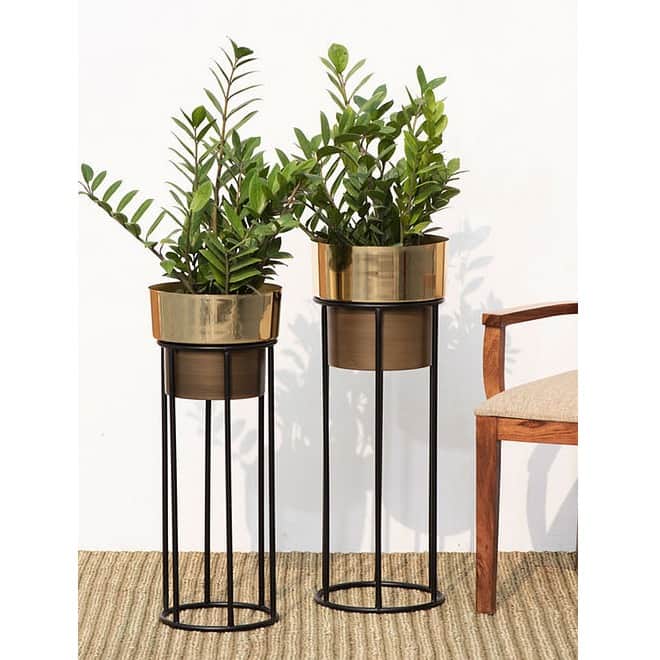 Indoor Golden Metal Planters with Stand (Set of 2) - front_view