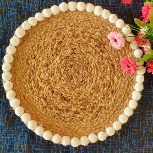Jute White Pompom Border Mat