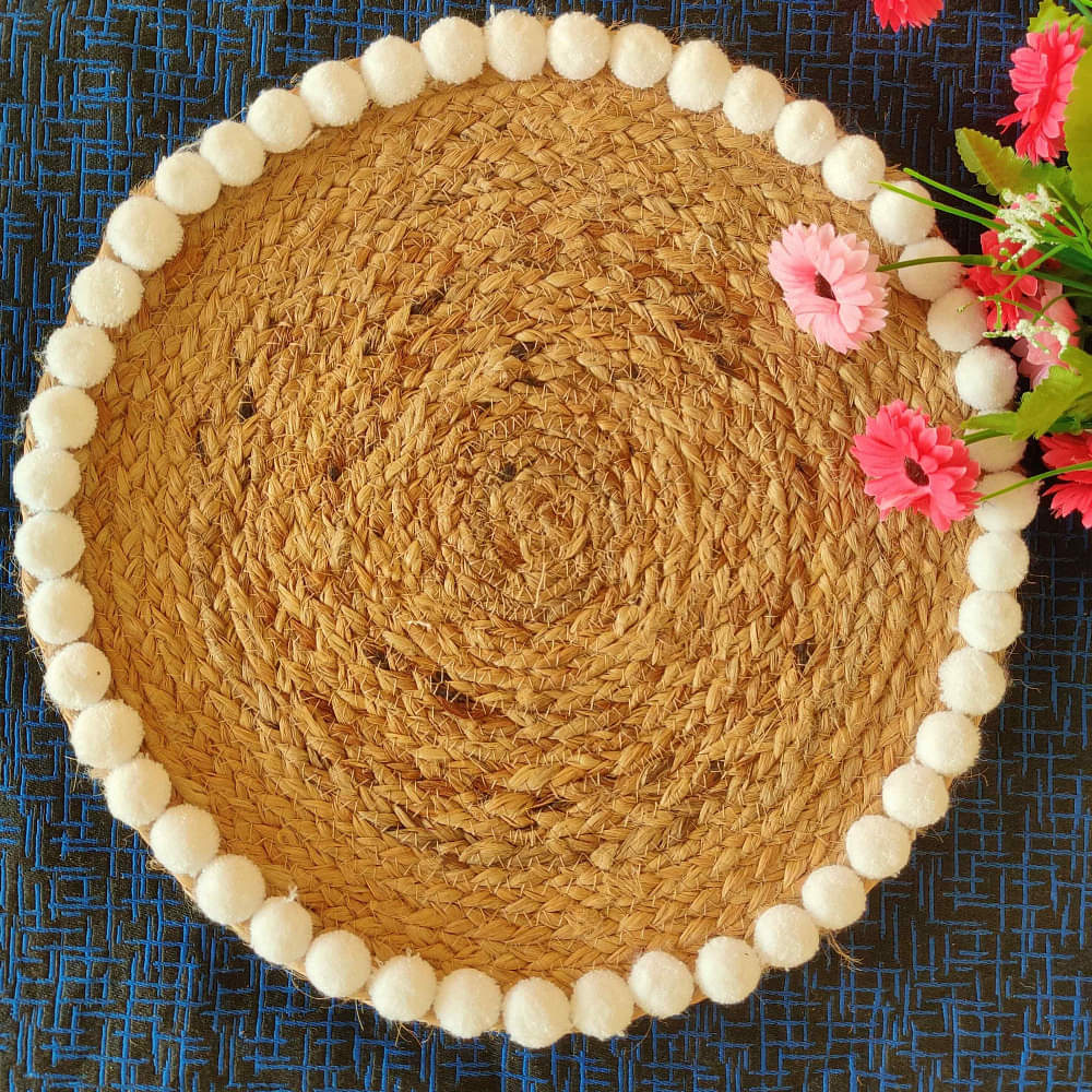 Jute White Pompom Border Mat - photo