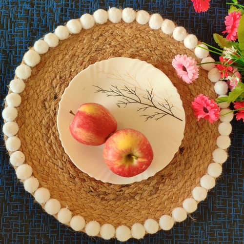 Jute White Pompom Border Mat