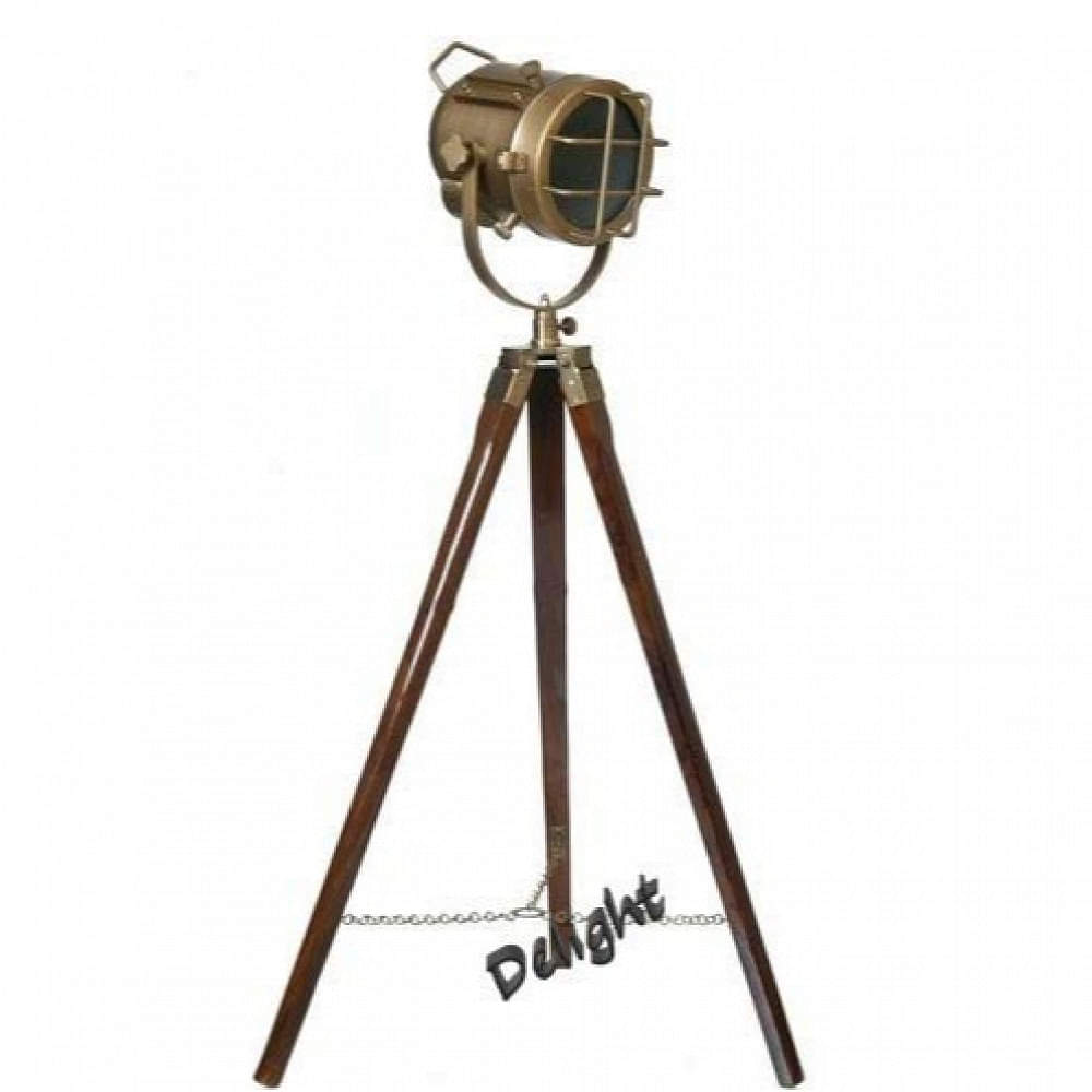Brass Antique Wooden Tripod Marine Search Spot Light - photo