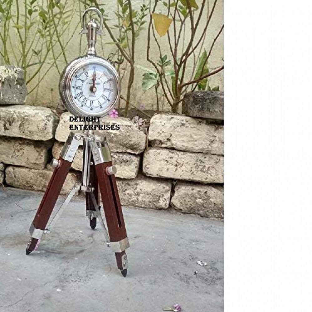 Adjustable Wooden Tripod Stand Clock Shiny Silver Clock Desk Clock Home Decor - photo