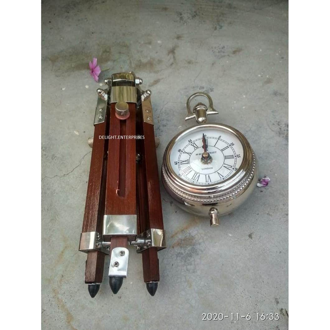 Adjustable Wooden Tripod Stand Clock Shiny Silver Clock Desk Clock Home Decor - top_view