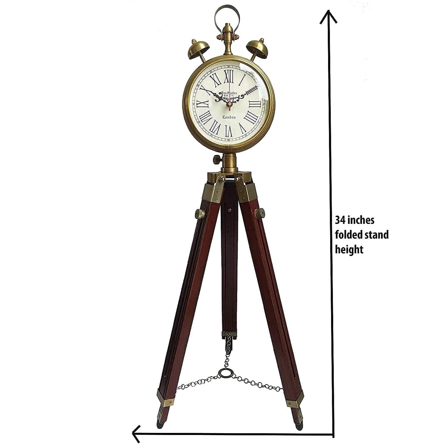 Wooden and Metal Tripod Clock with Big Size Stand Antique Look - front_view