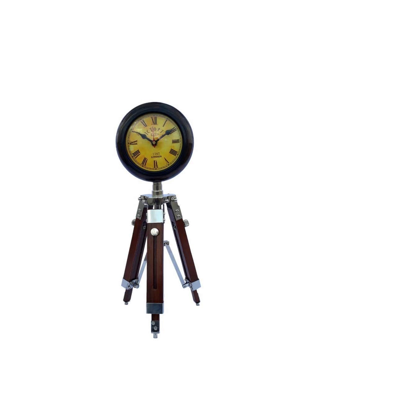 Vintage Antique Wooden Roman Number Clock with Tripod Stand - front_view