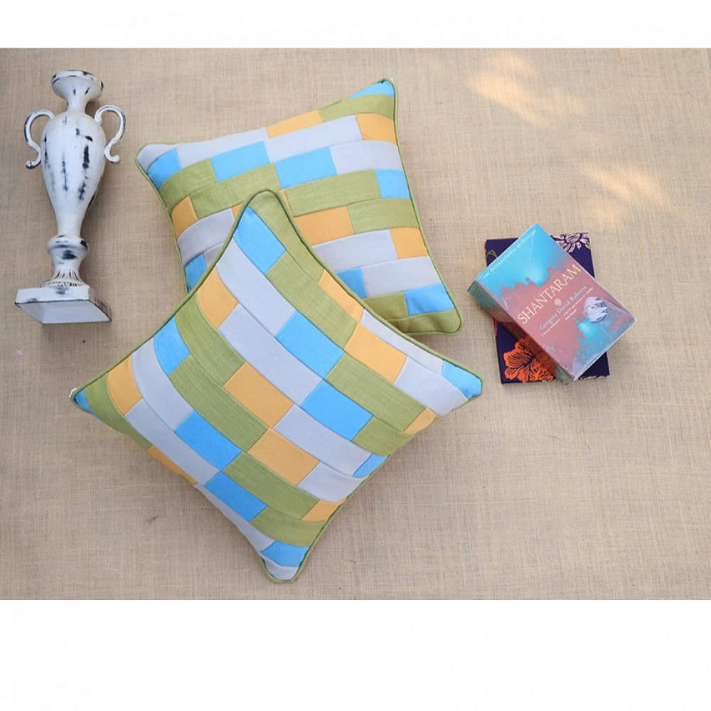 Green Cotton Geometric Pattern  Cushion Covers (Set Of 2) - photo