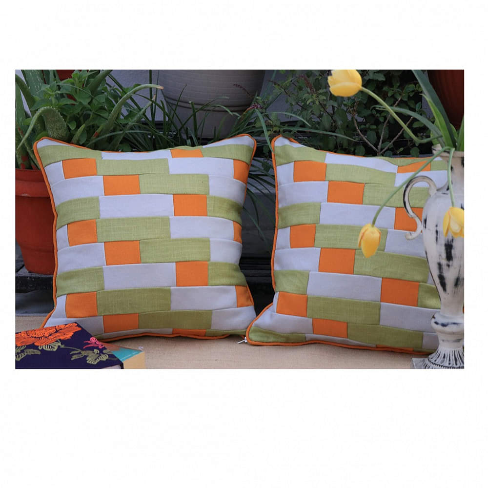 Orange Cotton Geometric Pattern Cushion Covers (Set Of 2) - photo