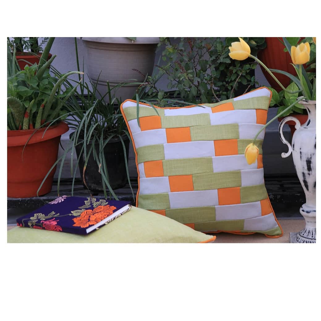Orange Cotton Geometric Pattern Cushion Covers (Set Of 2) - front_view