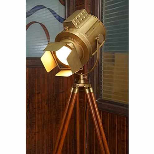 Wood Tripod Brass Antique Floor Lamp and Spot Camera Focus Light - photo