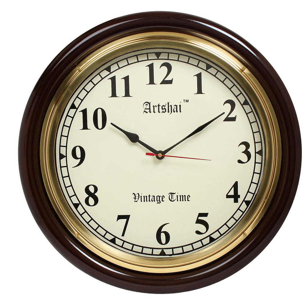 Wood 16 Inch Big Numbers Antique Look Wall Clock (Brown, Golden). - photo