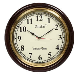 Wood 16 Inch Big Numbers Antique Look Wall Clock (Brown, Golden). - photo