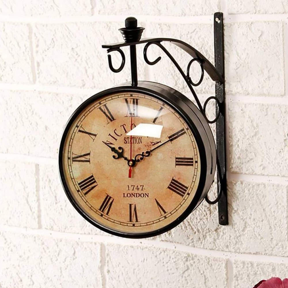 12 Inch Dial Vintage Antique Black Station Double Sided Wall Clock - photo