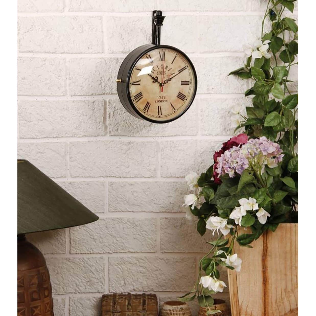 12 Inch Dial Vintage Antique Black Station Double Sided Wall Clock - front_view