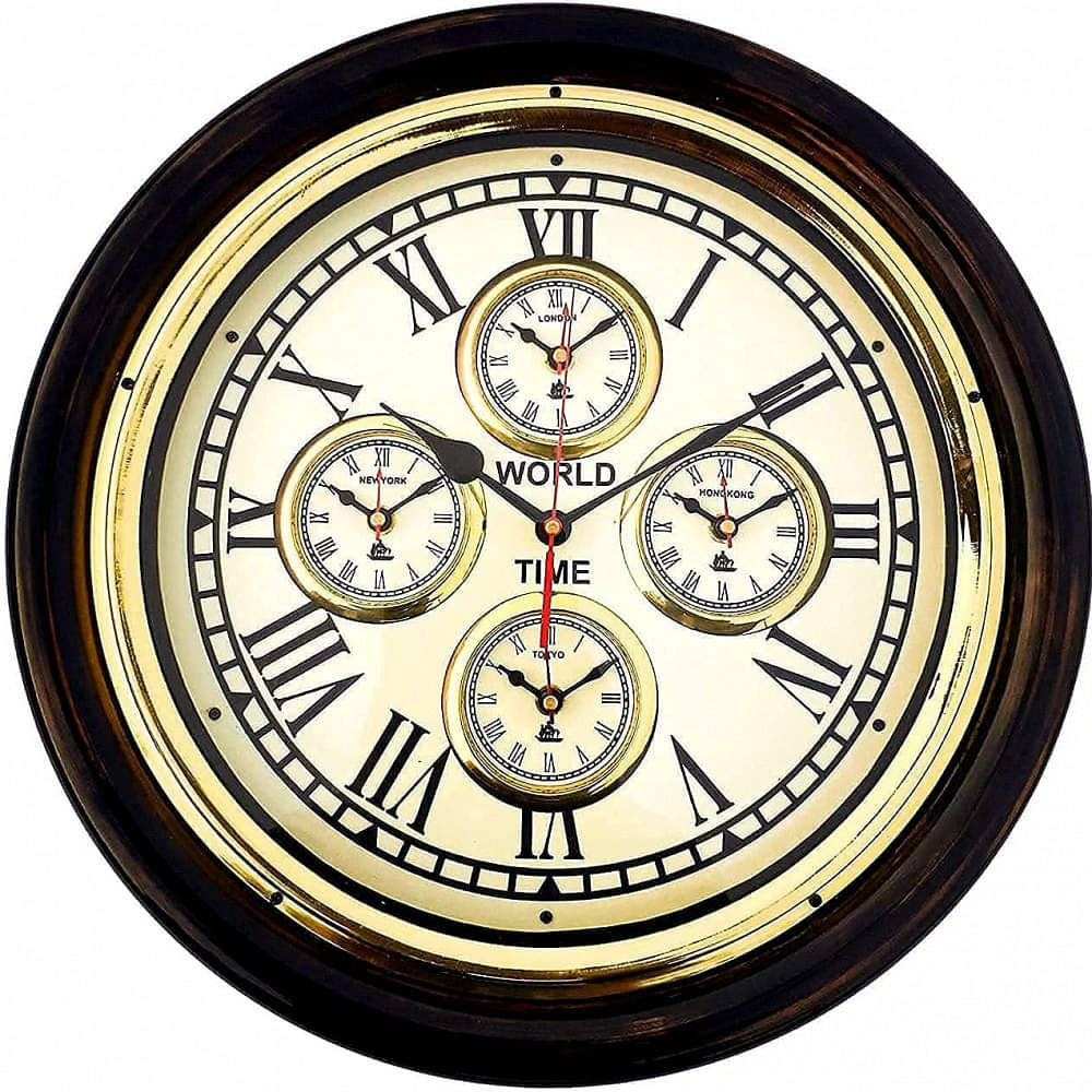 Wooden Time Wall Clock World Clock Brass Round Art Unique Antique Style for Home Decore Brown 16 inch - photo