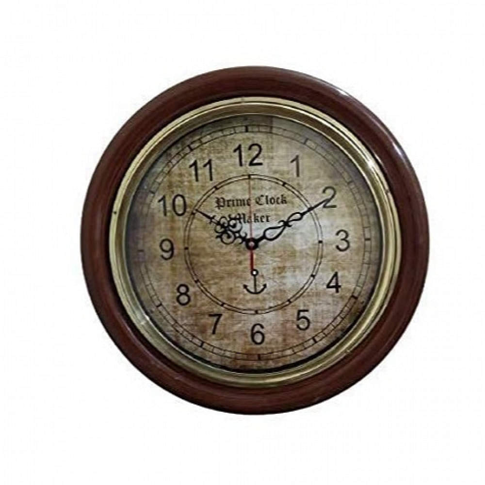 Wall Clock Wood and Brass Antique - photo