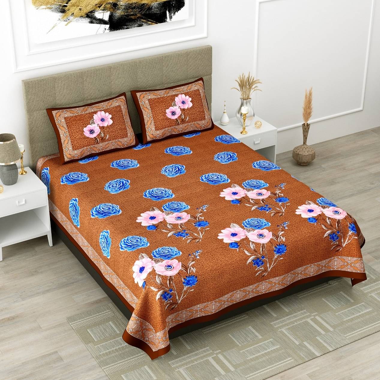Pure Cotton Premium Quality King Size Bedsheet With 2 Designer Pillow Covers
