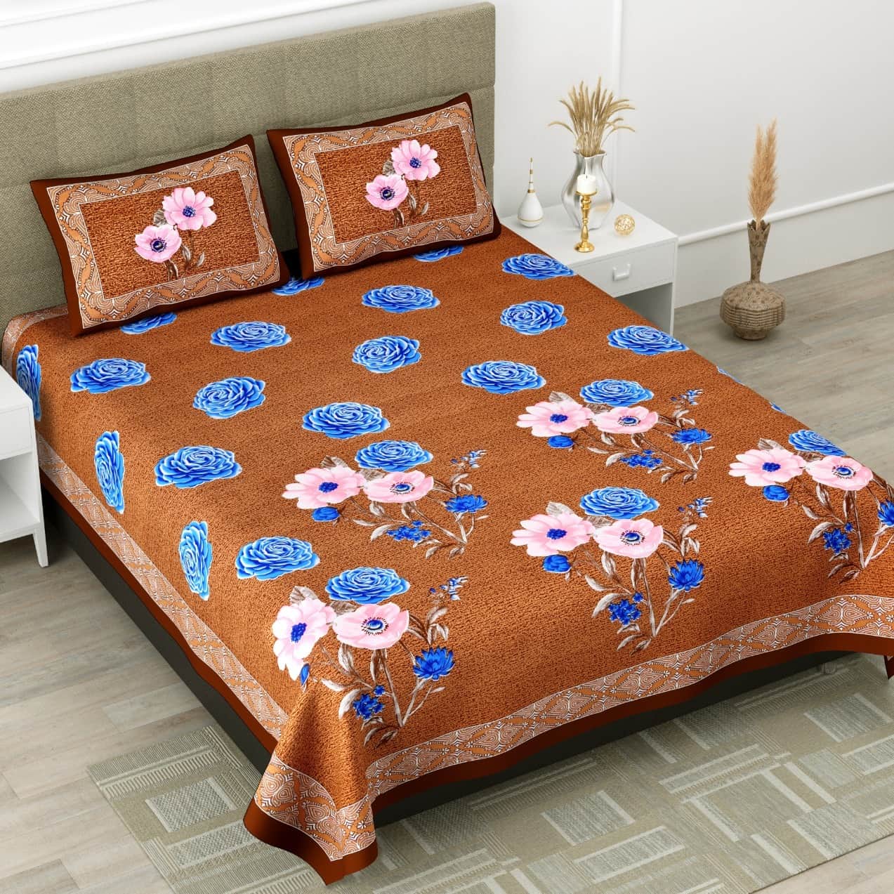 Pure Cotton Premium Quality King Size Bedsheet With 2 Designer Pillow Covers - left_view