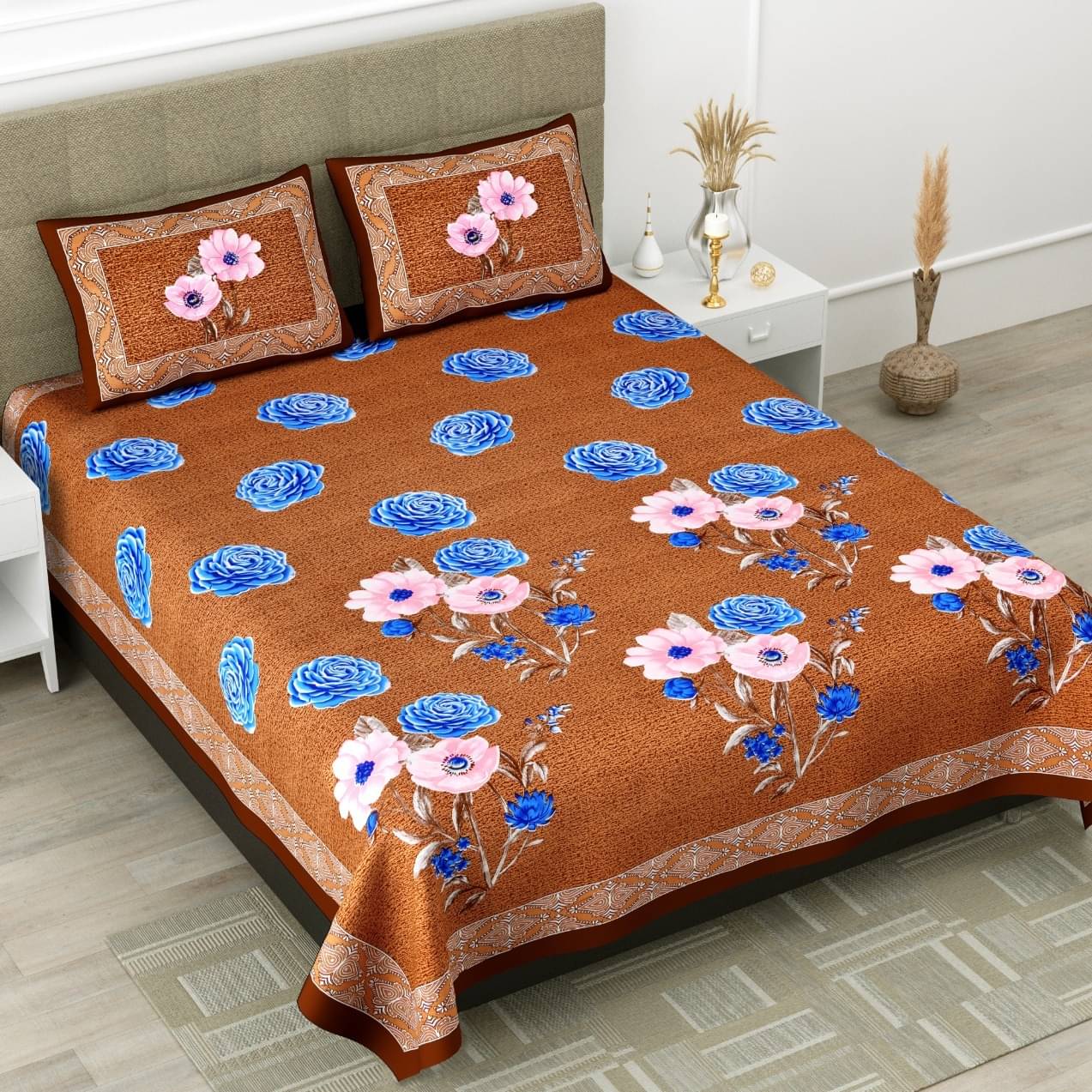 Pure Cotton Premium Quality King Size Bedsheet With 2 Designer Pillow Covers