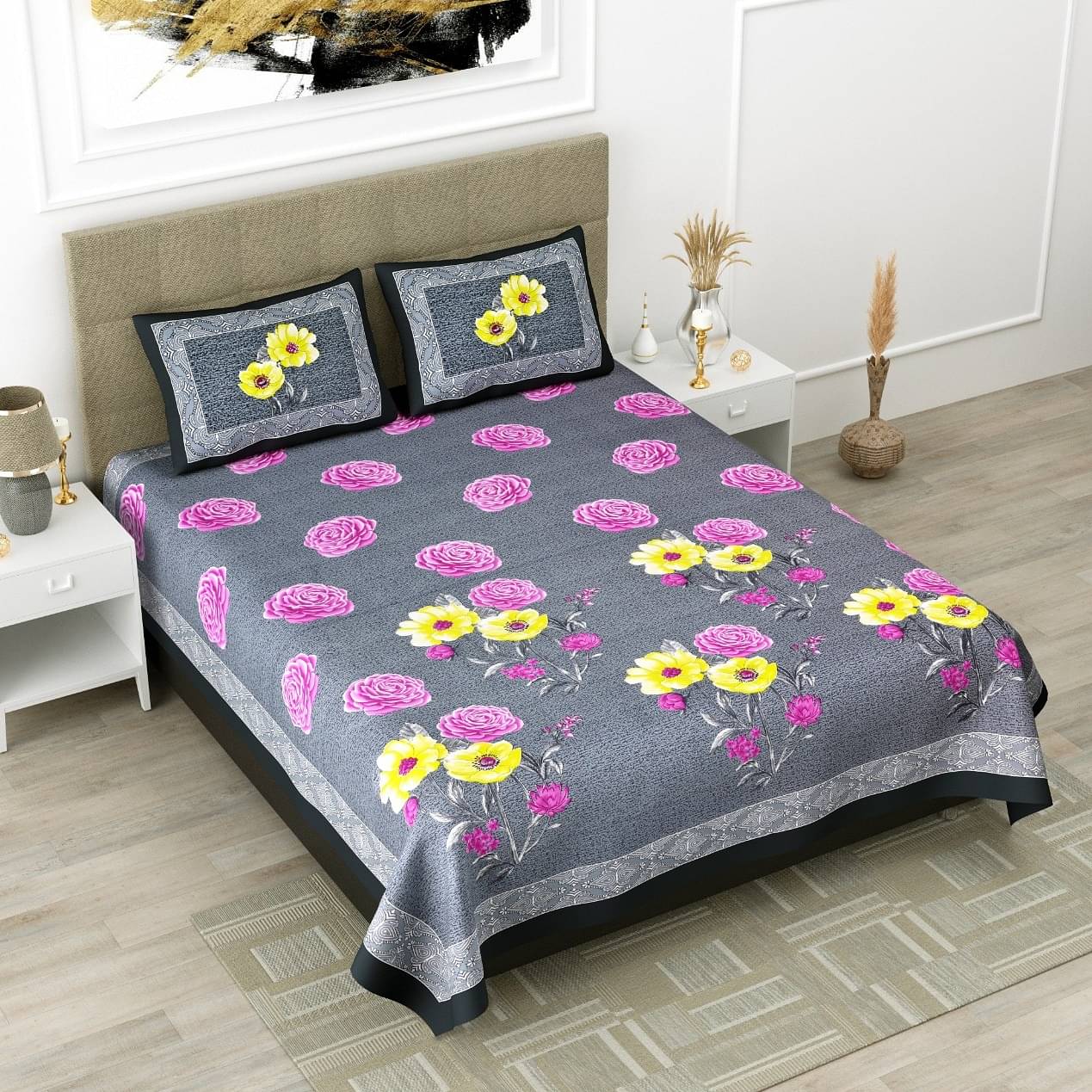 100% Pure Cotton Premium Quality King Size Bedsheet With 2 Designer Pillow Covers