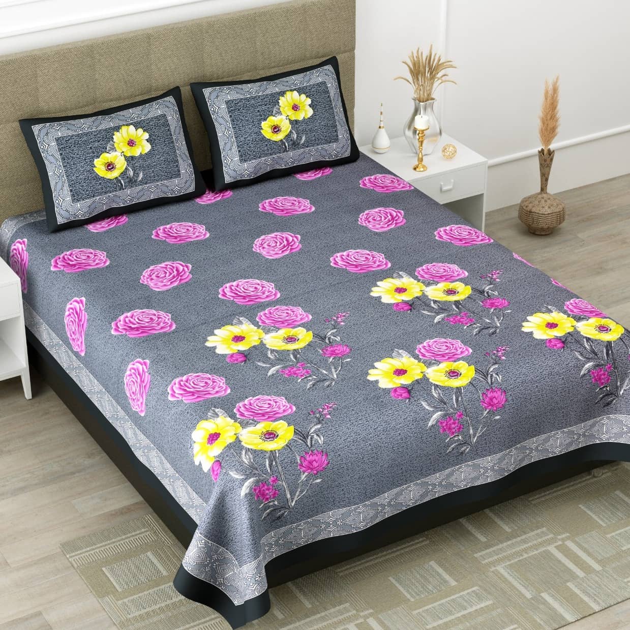 100% Pure Cotton Premium Quality King Size Bedsheet With 2 Designer Pillow Covers