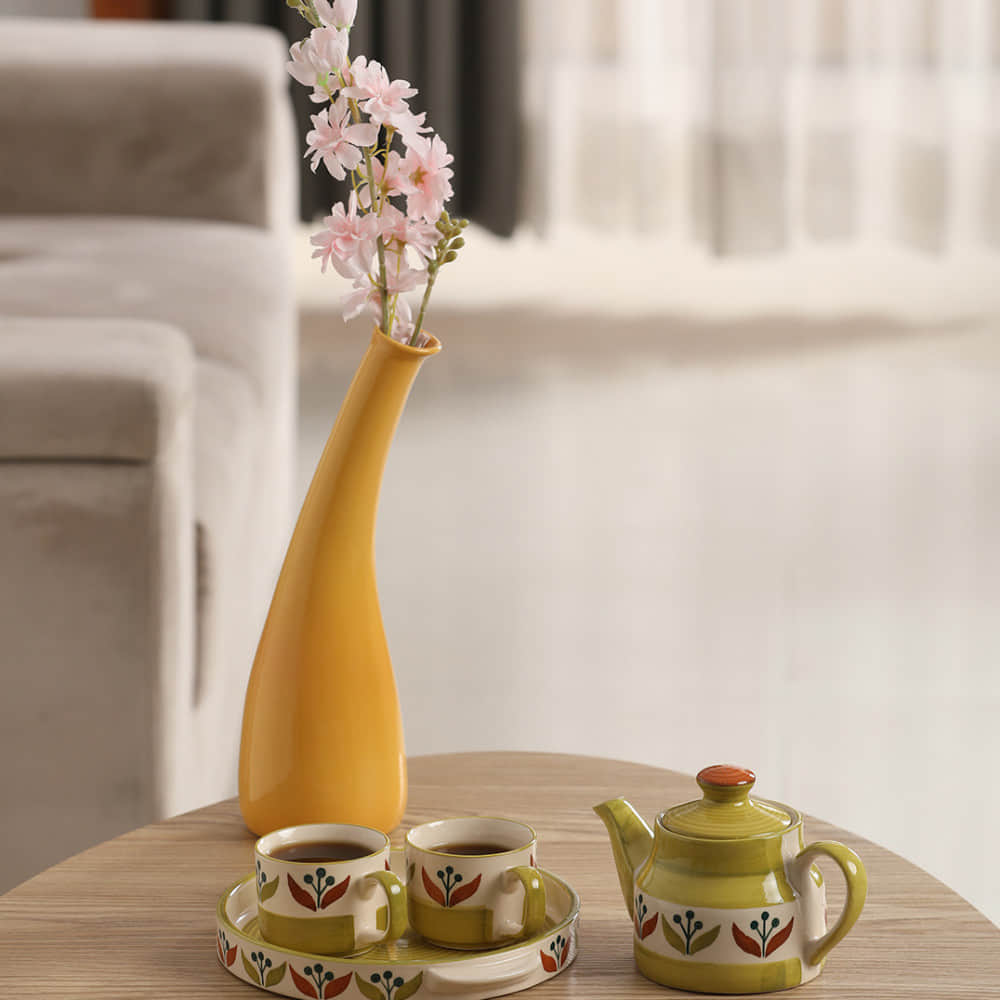 Olive Green Hand Painted Ceramic Morning Tea Set - photo
