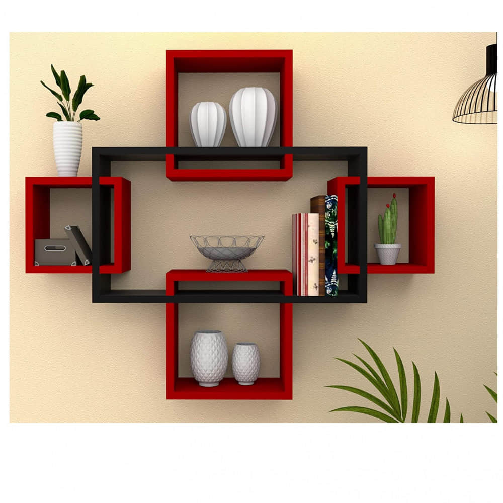 Engineered Wood Wall Shelf with Set of 5  (Black & Red) - photo