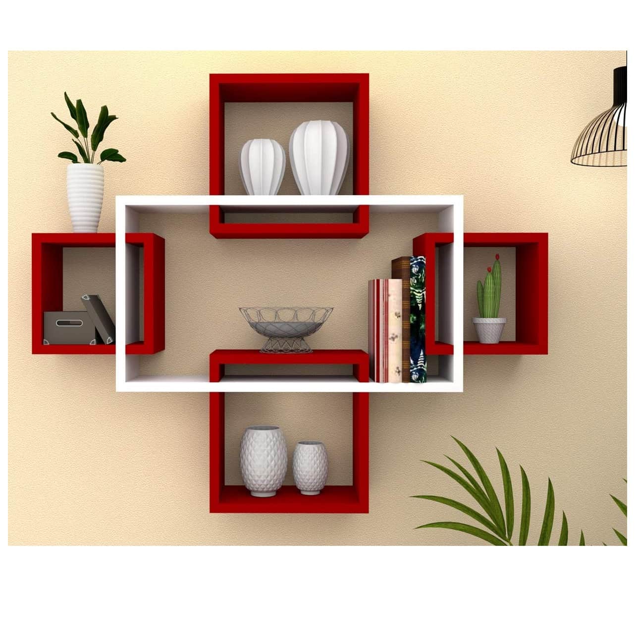 Intersecting Wall Mount Five Shelves (Modern, Red & White)