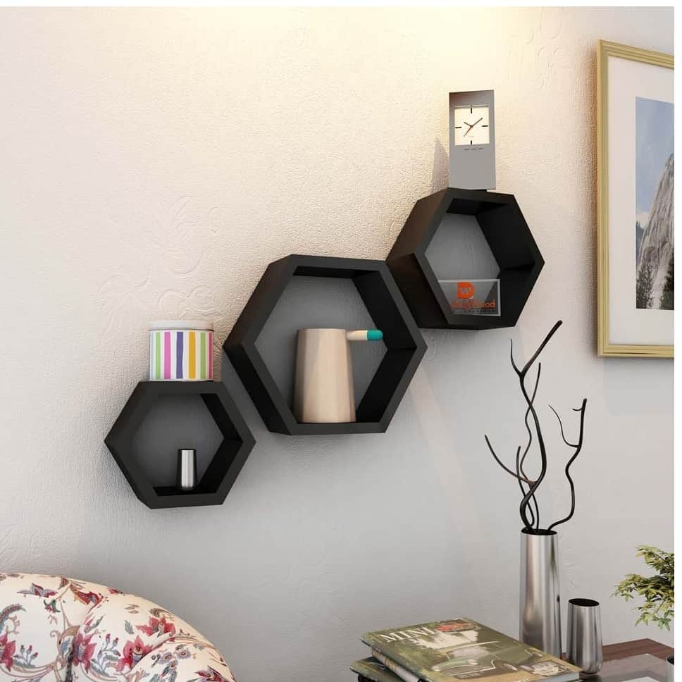 Wooden Wall Mount 3 Hexagon Floating Shelves (Black) - top_view