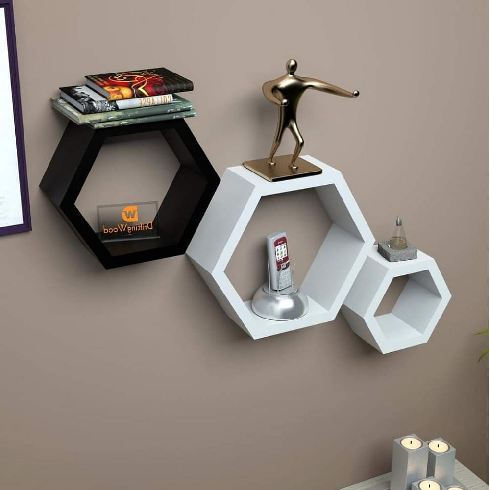Wooden Wall Mount 3 Hexagon Floating Shelves (Black & White) - photo