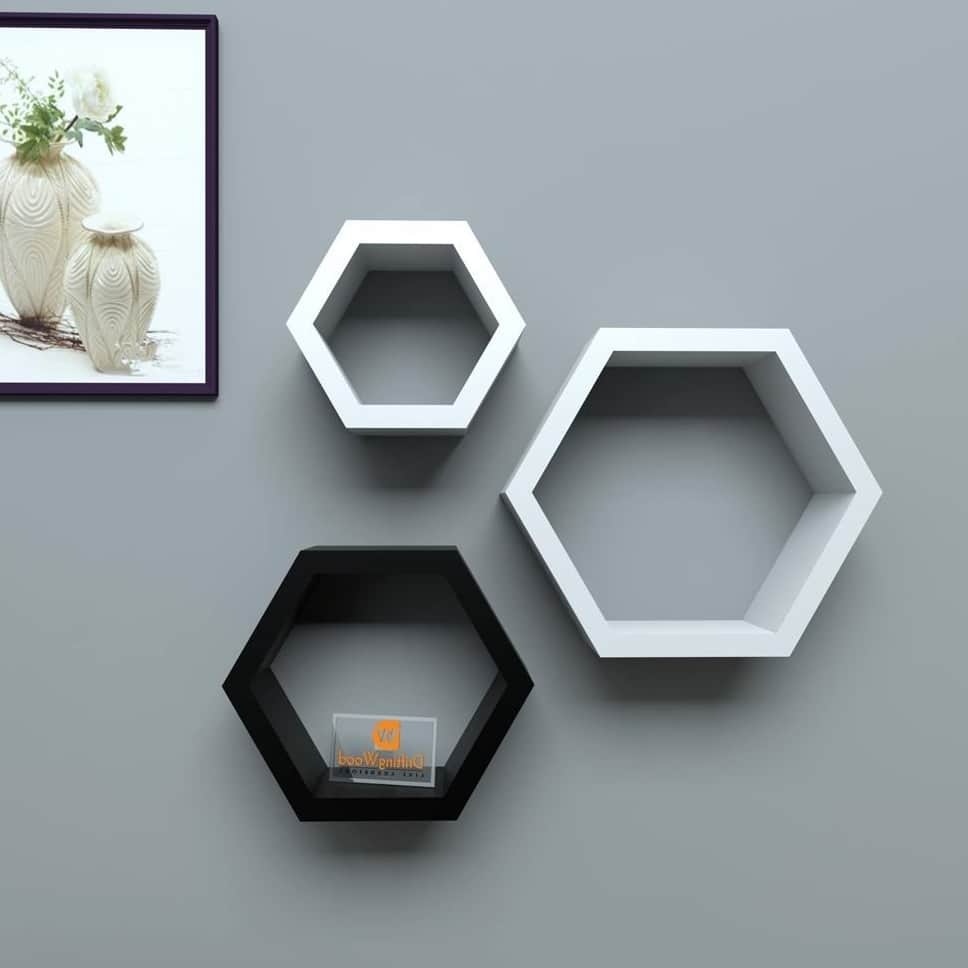 Wooden Wall Mount 3 Hexagon Floating Shelves (Black & White) - front_view