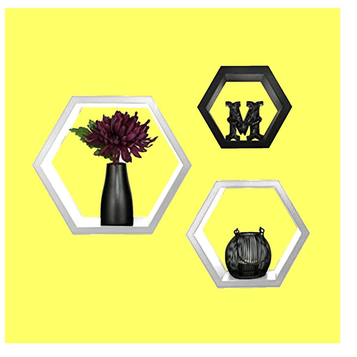 Wooden Wall Mount 3 Hexagon Floating Shelves (Black & White) - top_view