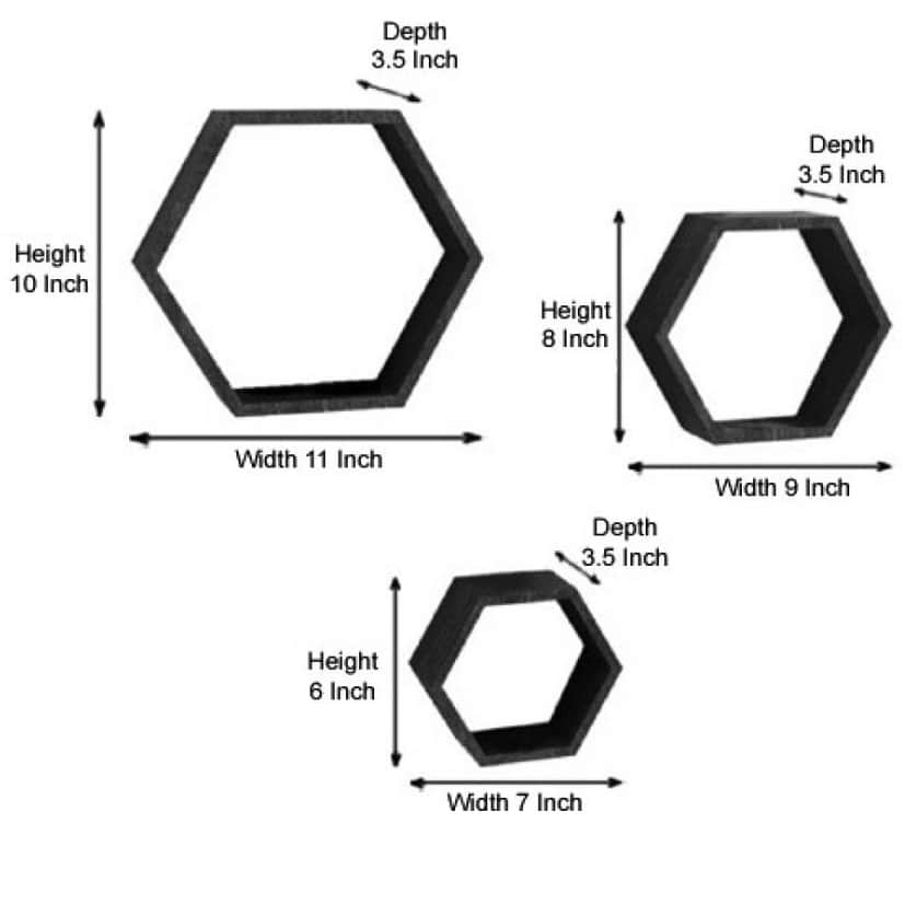 Wooden Wall Mount 3 Hexagon Floating Shelves (Black & White) - rear_view