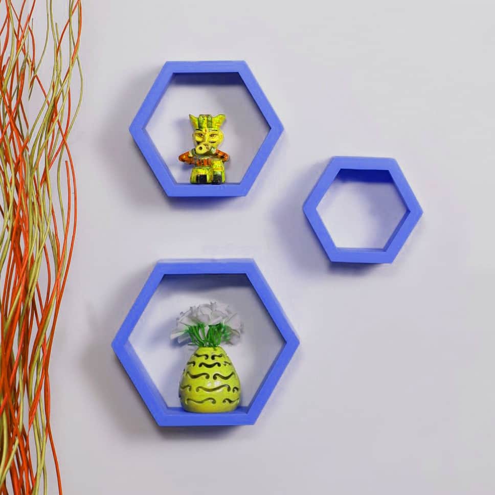 Wooden Wall Mount 3 Hexagon Floating Shelves - front_view