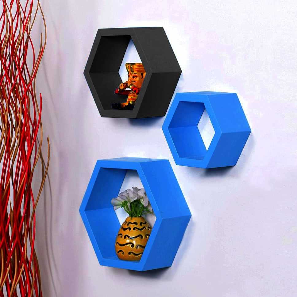 Wooden Wall Mount 3 Hexagon Floating Shelves - photo