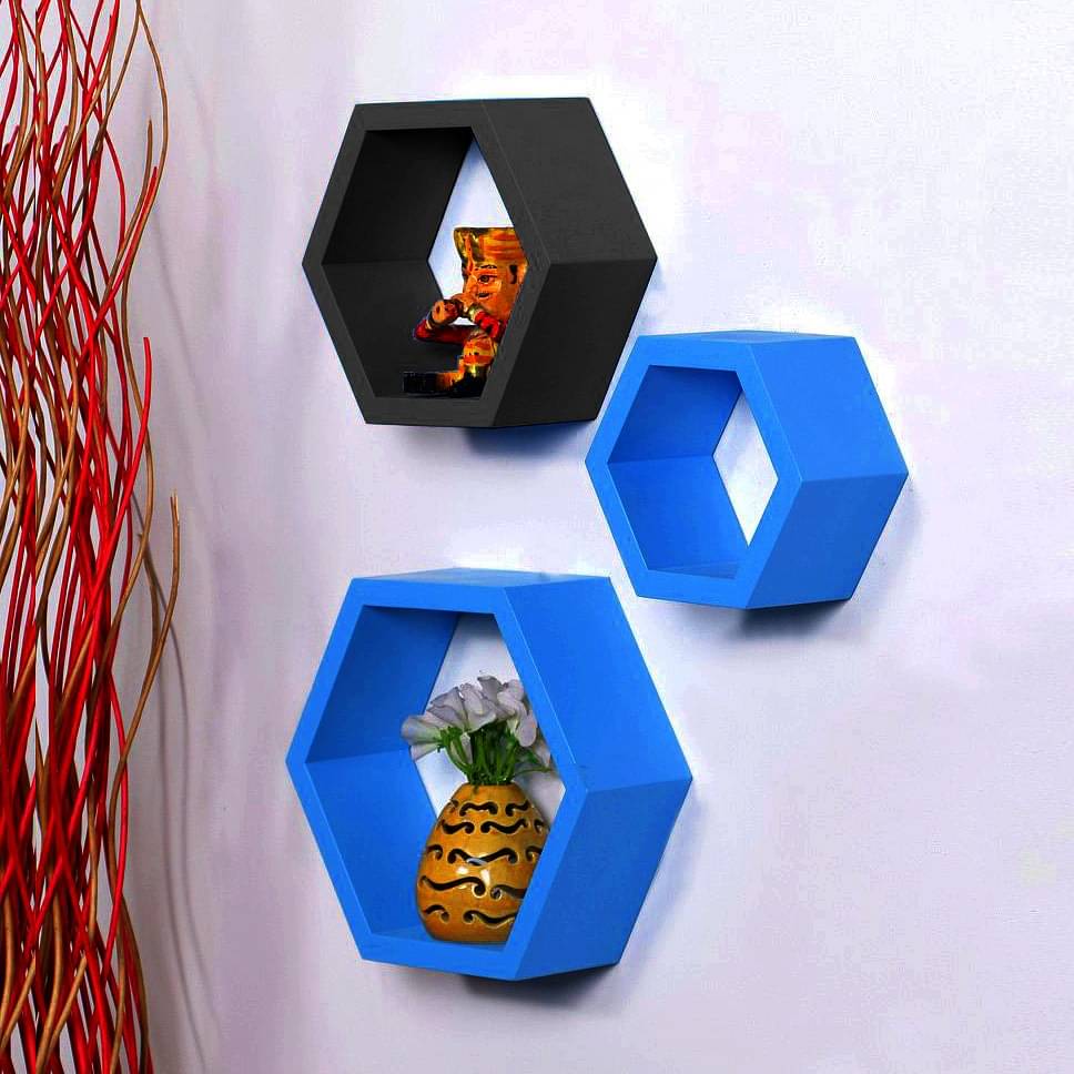Wooden Wall Mount 3 Hexagon Floating Shelves