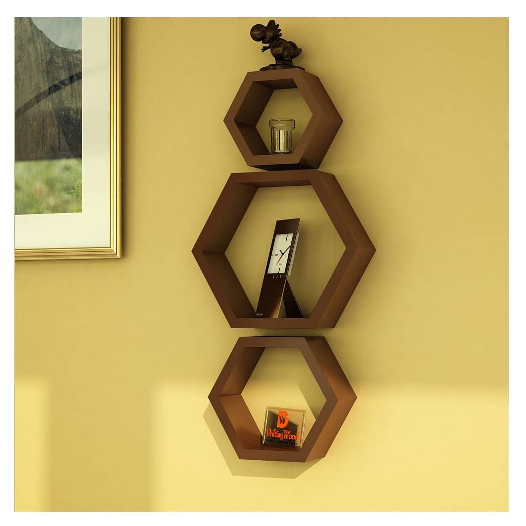 Wooden Wall Mount 3 Hexagon Floating Shelves (Brown)