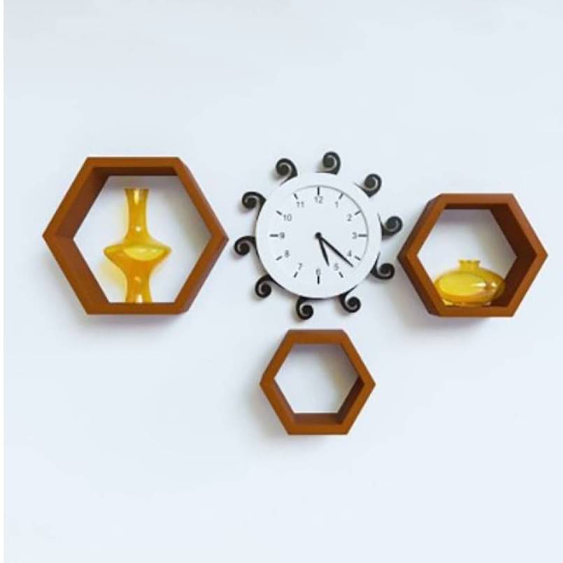 Wooden Wall Mount 3 Hexagon Floating Shelves (Brown)