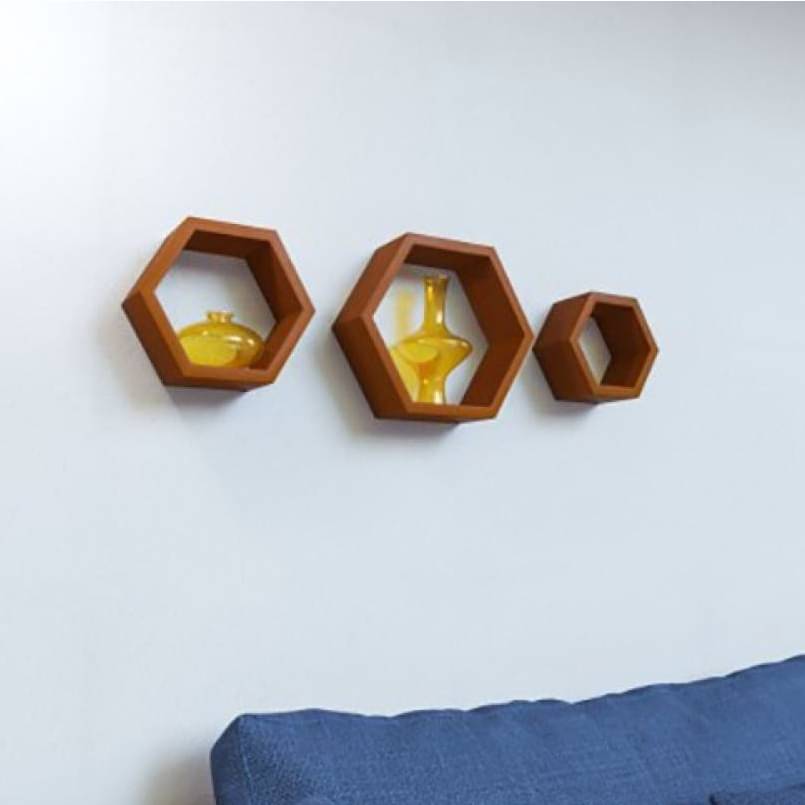 Wooden Wall Mount 3 Hexagon Floating Shelves (Brown)