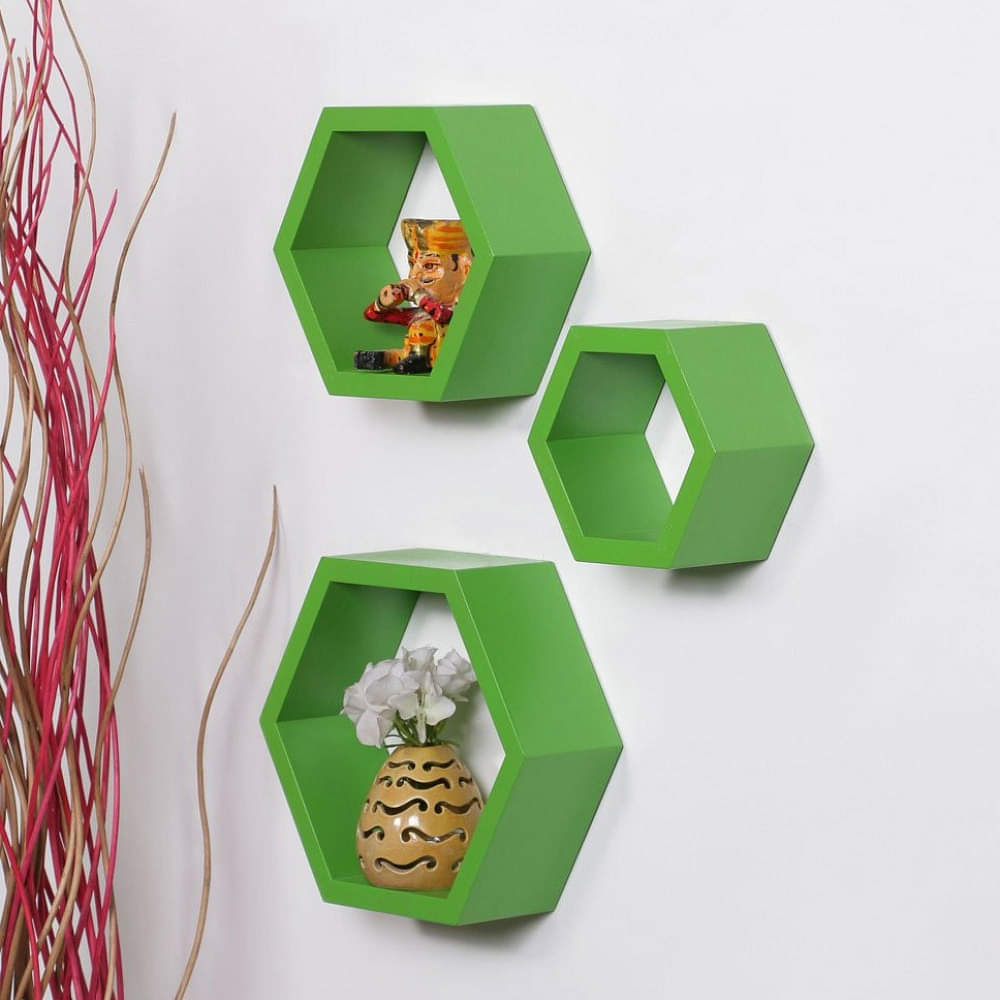 Wooden Wall Mount 3 Hexagon Floating Shelves (Green) - photo
