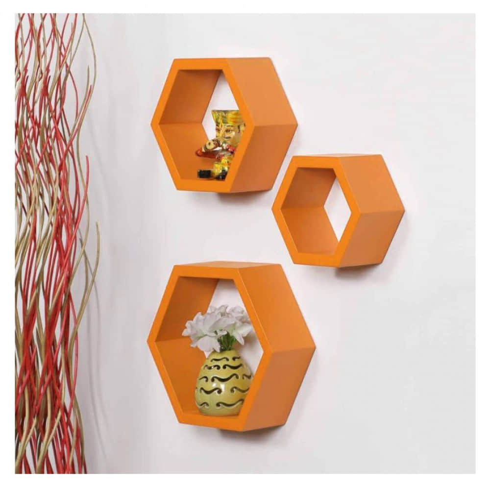 Wooden Wall Mount 3 Hexagon Floating Shelves (Orange) - photo