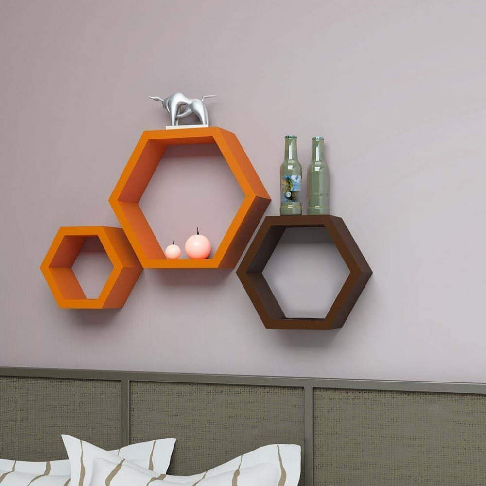 Wooden Wall Mount 3 Hexagon Floating Shelves (Orange & Brown) - photo