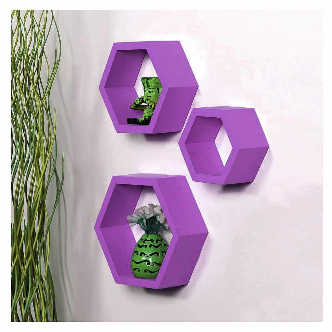 Wooden Wall Mount 3 Hexagon Floating Shelves (Purple) - photo