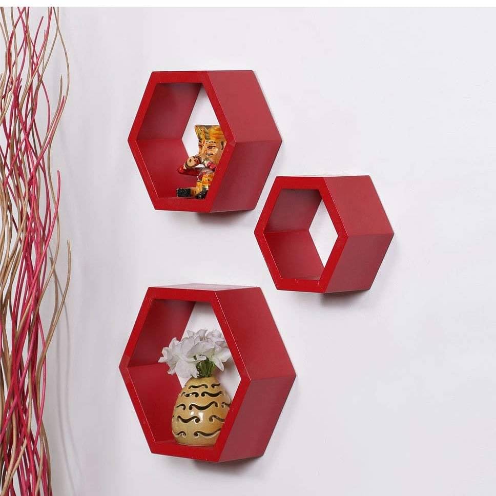 Wooden Wall Mount 3 Hexagon Floating Shelves (Red)