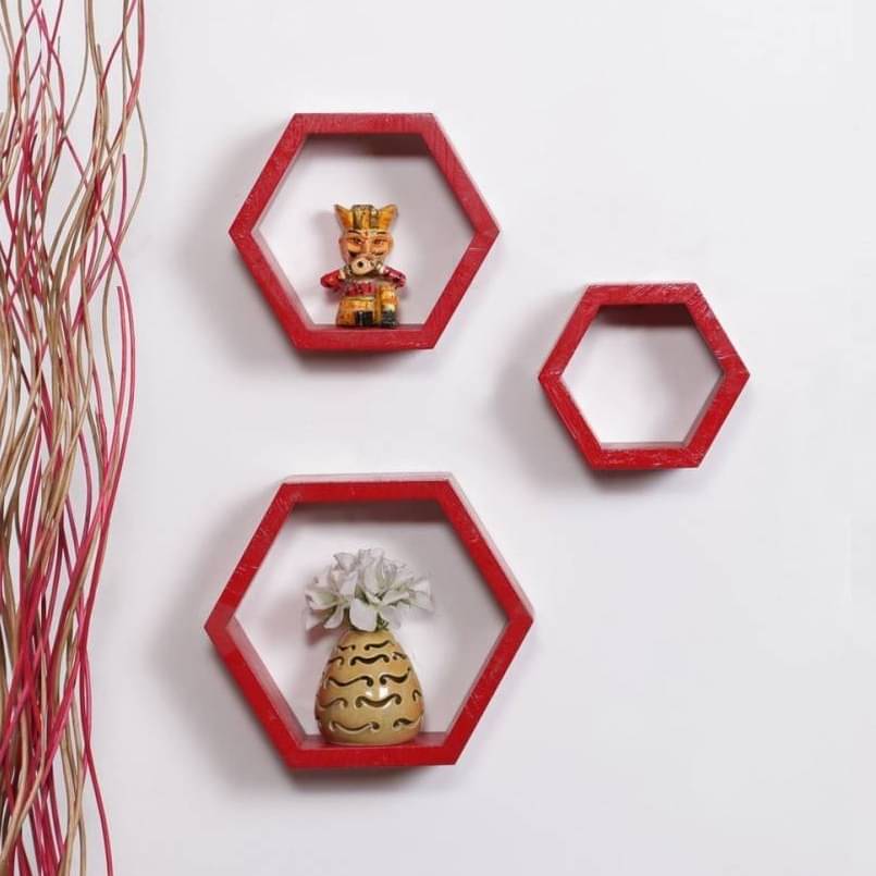 Wooden Wall Mount 3 Hexagon Floating Shelves (Red)