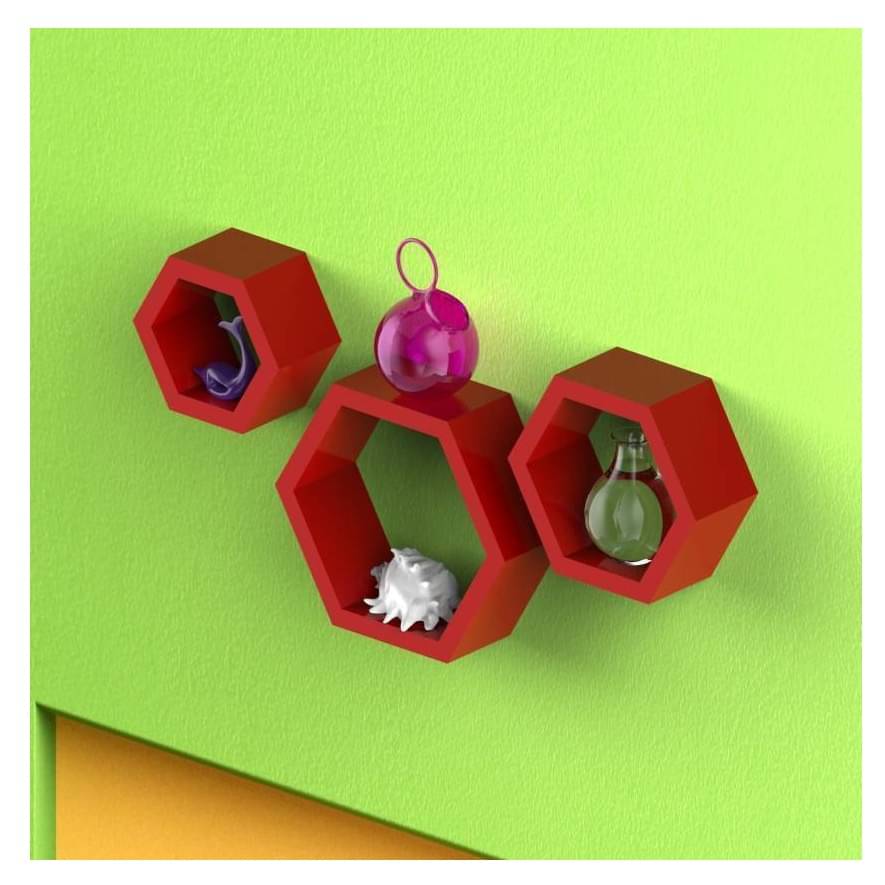 Wooden Wall Mount 3 Hexagon Floating Shelves (Red)