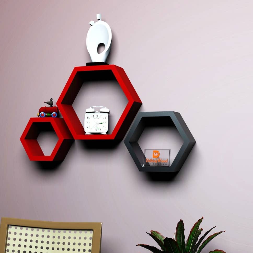 Wooden Wall Mount 3 Hexagon Floating Shelves (Red & Black)