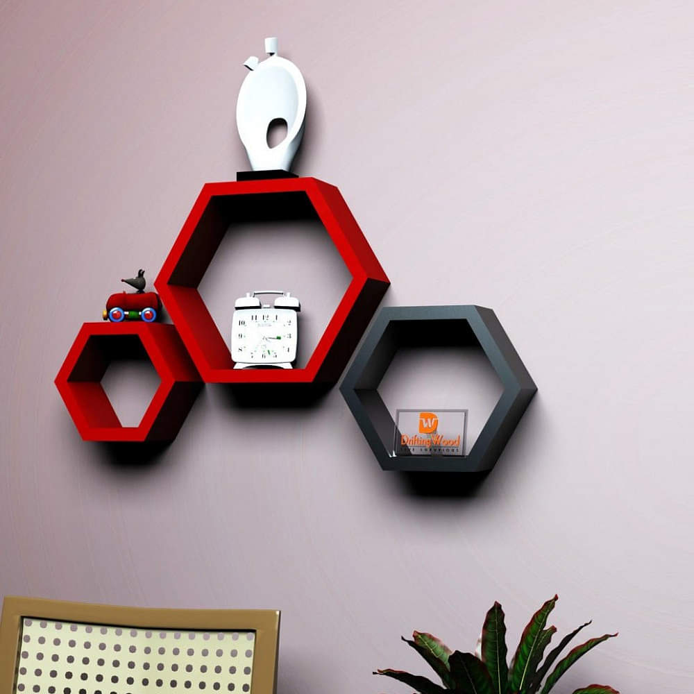Wooden Wall Mount 3 Hexagon Floating Shelves (Red & Black) - photo