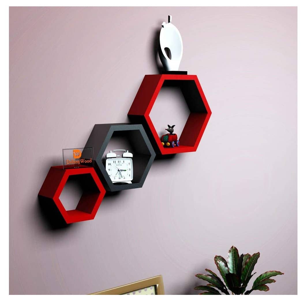 Wooden Wall Mount 3 Hexagon Floating Shelves (Red & Black)