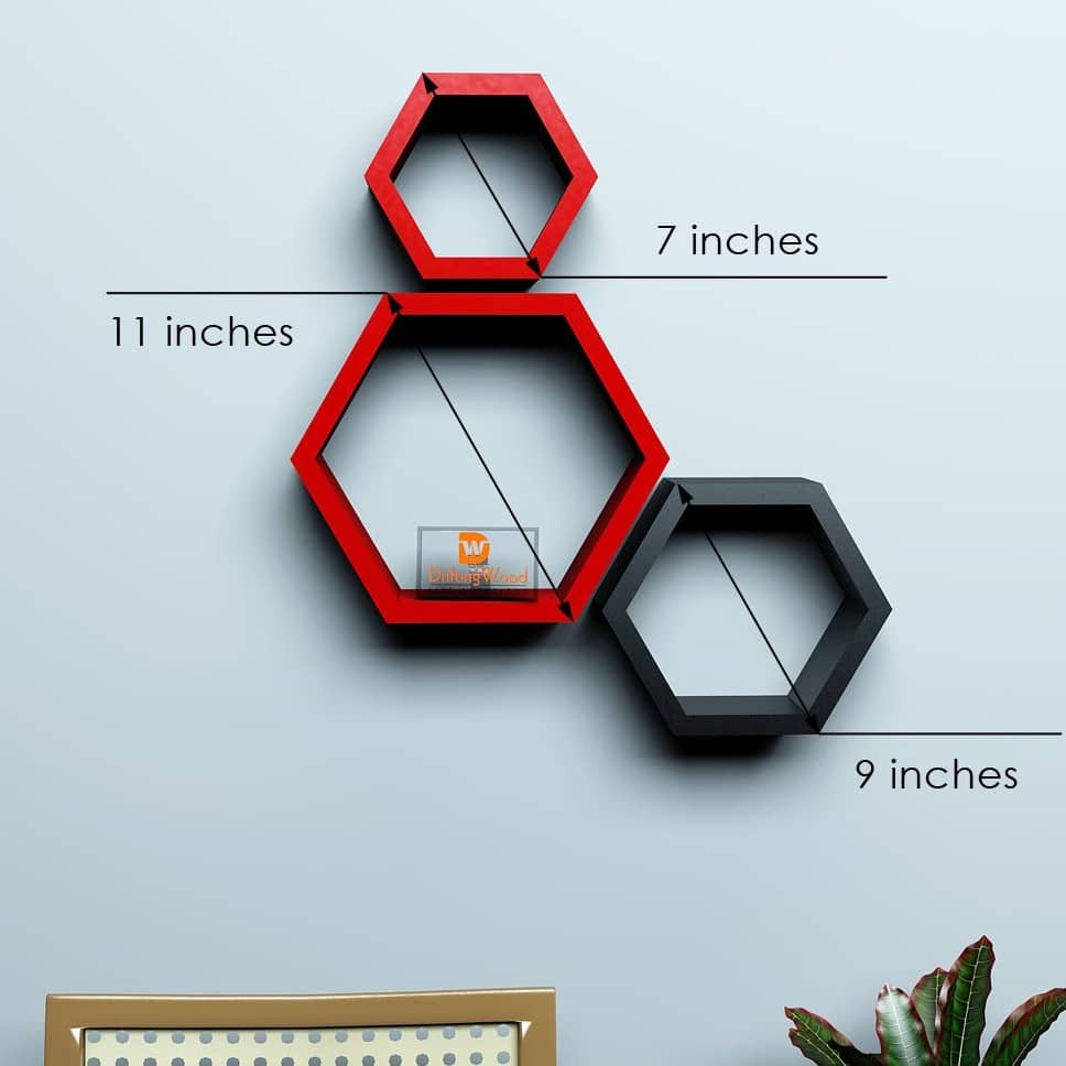 Wooden Wall Mount 3 Hexagon Floating Shelves (Red & Black)