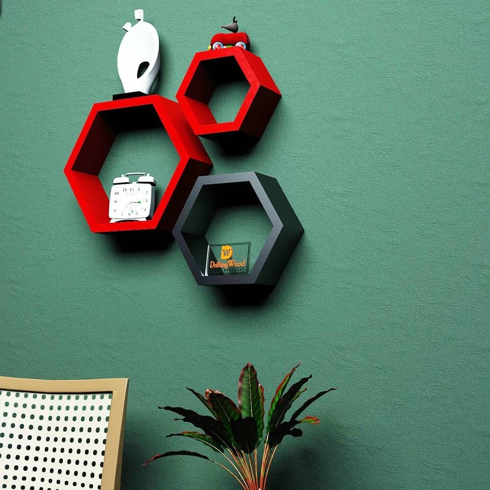 Wooden Wall Mount 3 Hexagon Floating Shelves (Red & Black)